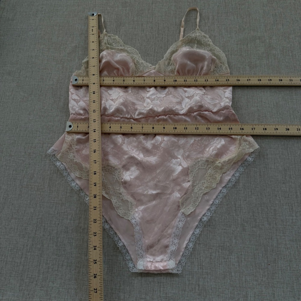 Vintage Pink Floral Jacquard Lace Trim Teddy Bodysuit Made in USA Medium - Picture 3 of 7